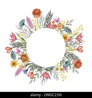 Abstrakte Blumen, runder Rahmen. Aquarellkranz Hintergrund mit handgezeichneter Illustration isoliert auf weiß für Valentinstag Frau und Muttertagskarte Stockfoto