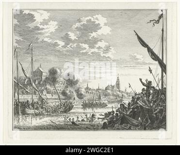 Angriff von Maarten Schenck auf Nijmegen, 1589, 1747 – 1759 Drucken Fehlgebliebener Angriff von Truppen unter Maarten Schenck auf die Stadt Nijmegen, 10. August 1589. Episode aus dem Keulse-Krieg. Auf der Flucht aus der Stadt ertrinkt Schenck in der Waal. Nördliche Niederlande Papierätzung Ertrinken, Schiffbrüchiger Nijmegen Stockfoto