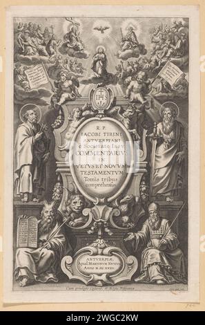 Titelpagina voor: J. Tirinus, Kommentar zum Alten und Neuen Testament, Antwerpen, 1632, Cornelis Galle (1), nach Peter Paul Rubens, 1632 Druck auf einer Kartusche, die mit evangelistischen Symbolen verziert ist, ist der Titel des Buches. Die Apostel Peter und Paulus auf beiden Seiten. Unter Moses und Aaron. Im Himmel Maria und Gott, Christus und der Heilige Geist in Form einer Taube umgeben von Engeln und biblischen Figuren. Druckerei: Südhollandspublisher: Antwerpener Papiergravur Gott der Vater und Christus thronte. Moses (nicht im biblischen Kontext); mögliche Attribute: Lichtstrahlen oder Hörner auf Hi Stockfoto