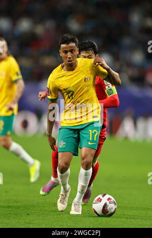 Al Wakrah, Katar. Februar 2024. Keanu Baccus (aus) Fußball/Fußball : 'AFC Asian Cup Qatar 2023' Viertelfinalspiel zwischen Australien 1-2 Korea Republic im Al Janoub Stadium in Al Wakrah, Katar. Quelle: Mutsu Kawamori/AFLO/Alamy Live News Stockfoto