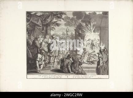 Schadrach, Mesach und Abednego im Feuerofen, Matthijs Pool, nach Bernard Picart, 1720 - 1728 Druck der babylonische König Nebukadnezar, umgeben von Soldaten, sieht, wie Schadrach, Mesach und Abednego im brennenden Ofen auf wundersame Weise von einer vierten Figur unterstützt werden, was den König dazu veranlasst, den Befehl zu ihrer Rettung zu geben. Im Hintergrund gab es viele kniende Figuren um die goldene Statue, die außerhalb der Stadt Babylon gegründet wurde und die sich weigerten, sie anzubeten. Illustration des Bibeltextes. 3. Unter der Ausstellung der Titel in Hebräisch, Englisch, Deutsch, Lateinisch, Französisch und Niederländisch. Druckm Stockfoto