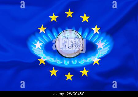 Gasflamme mit 1 Euro-Münze, Gasembargo, Energiepreise, Inflationsrate, Gaspreis Stockfoto