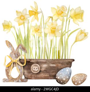 Die Aquarellabbildung zeigt gelbe Narzissen in Einem Topf, Ostereier und Ein hölzernes Osterhasen-Dekor Stock Vektor