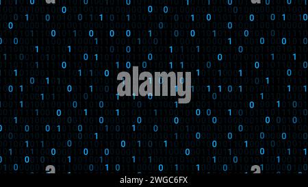 Hacker-Hintergrund mit einem Null 0 1 Bit blauen Leuchten. Stockfoto