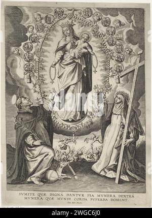Maria van de Rozenkrans mit St. Dominicus und die H. Catharina van Siena, Anonym, 1615–1664 drucken Maria und Christus auf ihrem Arm, der dem Heiligen Dominikus und der Heiligen Catharina von Siena den Rosenkranz schenkt. Maria steht auf der Mondmelifet und ist von einem Rosenkranz umgeben. Neben dem Heiligen Dominikus befinden sich ein reicher Apfel und ein Hund mit brennender Fackel. Die Heilige Catharina hält ein Kreuz in der Hand. Antwerpener Papier mit dem Gravieren der Jungfrau Maria (oder des Jesuskindes in ihrem Schoß) übergibt dem Heiligen einen Rosenkranz Dominic, der vor ihr kniet; normalerweise St. Katharina von Siena ist ebenfalls anwesend. Madonna vom Rosenkranz Stockfoto
