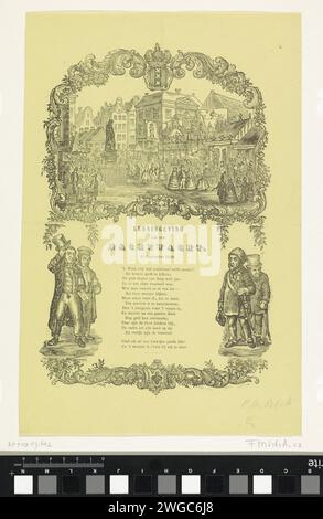 KermisStrent der Amsterdamer Nachtwache für das Jahr 1859, Friedrich Robert Prinz, 1859 Druck KermisStrent der Amsterdamer Nachtwache (Ratelwacht), 12. September 1859. Oben auf der Messe am Botermarkt (Rembrandtplein), Mitglieder der Nachtwache links und rechts. Zentrales Gedicht. Niederlande Papier Buchdruck Nachtpatrouille. Vergnügungsmesse und Zirkus Amsterdam. Buttermarkt Stockfoto