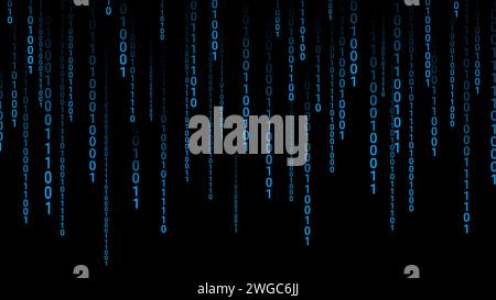 Hacker-Hintergrund mit blauem Binär-Bit-Code, der nach unten streamt oder herunterfällt Stockfoto