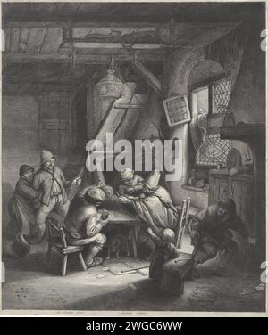 Streitende Bauern um einen Tisch, Jonas Suyderhoef, nach Adriaen van Ostade, ca. 1623 - 1686 Druck in einem Innenhof, zwei Bauern sind dabei, sich gegenseitig mit gezogenen Messern anzugreifen. Der sitzende Bauer auf der rechten Seite wird von dem Mann neben ihm unter Kontrolle gehalten. Der stehende Bauer links wird von einer Frau am Arm erwischt. Im Vordergrund ein Kind und ein alter Mann. Haarlem Papier, das betrunkene Schlägereien graviert (normalerweise kämpfen Bauern in einem gasthaus). gasthof, Kaffeehaus, Gasthaus usw. Stockfoto