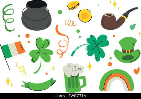 Zeichne Vektorillustration Kritzelelemente für den St Patrick's Day Cartoon Stil. Leprechaun Hut, Regenbogen, Bier, Pfeife, Schmarock, clover, die Flagge irlands. Stock Vektor