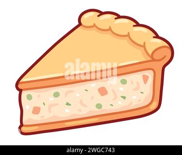 Niedliche Zeichentrick-Chicken-Pot-Pie-Zeichnung. Einfache handgezeichnete Tortenscheibe mit cremiger Hühnchen- und Gemüsefüllung. Illustration isolierter Vektorgrafik. Stock Vektor