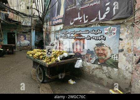 Beirut, Libanon. Februar 2024. Plakate im palästinensischen Lager Shatila, Beirut, Libanon, am 3. Februar 2024. (Foto: Elisa Gestri/SIPA USA) Credit: SIPA USA/Alamy Live News Stockfoto