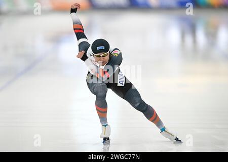 Quebec, Kanada. Februar 2024. QUEBEC, KANADA - 3. FEBRUAR: Yuma Murakami aus Japan tritt am 3. Februar 2024 in Quebec in der 500-m-A-Division der Männer während der ISU Speed Skating World Cup im Centre de Glaces Intact Assurance an. (Foto von David Kirouac/Orange Pictures) Credit: dpa/Alamy Live News Stockfoto