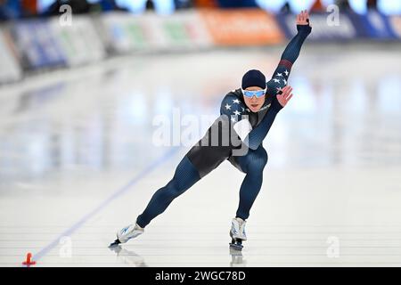 Quebec, Kanada. Februar 2024. QUEBEC, KANADA – 3. FEBRUAR: Cooper McLeod aus den USA, der am 3. Februar 2024 in Quebec, Kanada, in der 500-m-A-Division der Männer während der ISU Speed Skating World Cup im Centre de Glaces Intact Assurance antrat. (Foto von David Kirouac/Orange Pictures) Credit: dpa/Alamy Live News Stockfoto