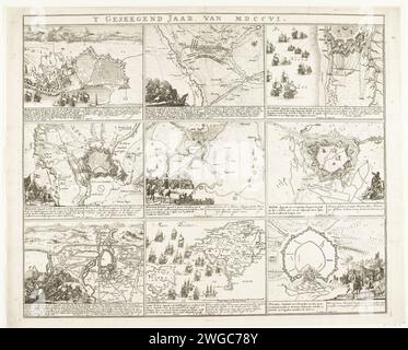 Schouwburg van den war (Seite VII), 1706, 1706 - 1707 Print Blatt mit neun Aufführungen von Ereignissen aus dem Jahr 1706 des Spanischen Erbfolgekrieges und Karten verstärkter Städte. Seite VII aus der Serie: Schouwburg van den war. Amsterdam Papier graviert Stadtpläne. Festung Barcelona. Ostende. Menen. Dendermonde. Ar. Turin. Balearen. Mailand Stockfoto