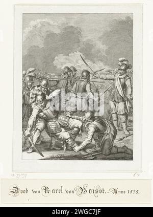 Tod von Charles de Boisot, 1575, 1785 Druck Tod von Charles de Boisot auf dem Schlachtfeld während einer Schlacht mit Mondragon, 29. September 1575. 17. Gesang. Nordholländische Papierätzung stirbt. Kampf, Kampf im Allgemeinen Stockfoto