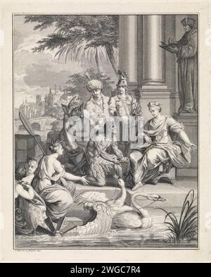 Allegory at Rotterdam Trade, Jan Punt, 1750 gedruckte Personifizierungen der vier Kontinente - Amerika mit Zaun und Rock, Afrika mit Elefantenhut und Stoßzähn, Asien mit Turban und Turban und Europa mit Rüstung und Zepter - bieten der Stadt Jungfrau Rotterdam Geschenke. Hinter ihr eine Statue von Erasmus. Im Vordergrund eine Nymphe auf einem Auto, die durch Schwäne auf dem Fluss gezogen wurde. Im Hintergrund ein Stadtbild mit der Sint-Laurenskerk. Rotterdam Papiergravur / Gravur Personifizierungen von Ländern, Nationen, staaten, Bezirken usw. (+ Nation; national). Europa war allegorisch vertreten; "Europa" (Ripa). Asi Stockfoto