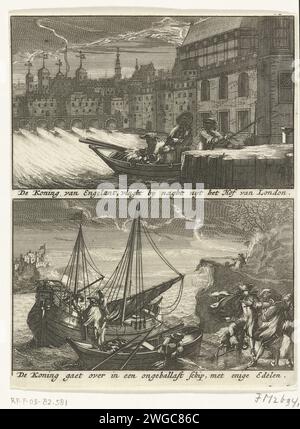 Flug von König Jacobus II, 1688-1689, 1689 Blatt mit zwei Aufführungen. Über dem Flug von König Jacobus II. Bei Nacht aus London, 20. Dezember 1688. Unter der Königin geht an Bord eines französischen Schiffes nach Calais, am 2. Januar 1689. Nordholländische Papierätzung Flucht des Herrschers aus dem Widersacher London Stockfoto