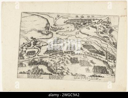 Dieppe befreit von Hendrik IV., 1590, 1590 – 1592 Drucke die belagerte Dieppe entlastet von Hendrik IV., 11. Februar 1590. Die Schlacht im Vordergrund, in der Ferne eine Karte der Stadt Dieppe in einer knappen Perspektive. Mit 8 Zeilen auf Deutsch und 2 Zeilen auf Französisch. Nicht Nummeriert. Blatt von einem Album, das auseinandergenommen wurde. Rechts oben (in Pen) nummeriert: 225. Kölner Papierätzkampf, Kampf im Allgemeinen Dieppe Stockfoto