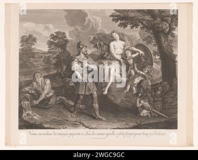 Venus gibt Aeneas seine Rüstung, Jean Baptiste de Poilly, nach Antoine Coypel, 1679–1728 Druckverlag: ParisFrance Papiergravur (Geschichte von) Vulcan (Hephaestus) Stockfoto