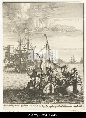 Flug von König Jacobus II. Nach Frankreich, 1688, 1689 Drucken der Flug des englischen Königs Jacobus II. Von Rochester nach Frankreich, 2. Januar 1689. Der König segelt mit einer Schaluppe zu dem Schiff, das ihn nach Frankreich bringen wird. Nordholländische Papierätzung Flucht des Herrschers vom Gegner Rochester Stockfoto