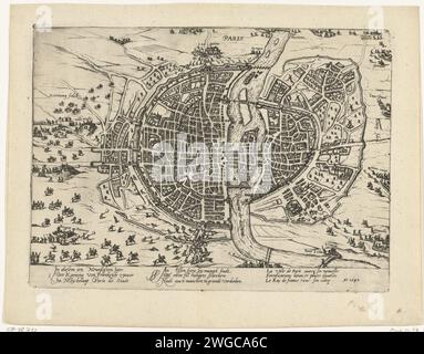 Paris belagert von Hendrik IV. Und von Parma befreit, 1590, 1590 – 1592 Druck Paris belagert von König Heinrich IV. Und vom Herzog von Parma am 19. August 1590 befreit. Karte der Stadt Paris mit dem Standort der Truppen Heinrichs IV. Und des Herzogs von Parma. Mit 6 Zeilen auf Deutsch und 3 Zeilen auf Französisch. Nicht Nummeriert. Kopie oder Wiederholung auf dem Druck von Hogenberg. Kölner Papier graviert Stadtpläne. Belagerung, Position Krieg Paris Stockfoto