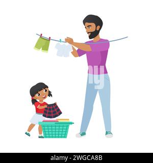 Haushaltsarbeiten von Vater und Tochter, Mädchen, das saubere Wäsche von Korb zu Mann Vektor Illustration gibt Stock Vektor