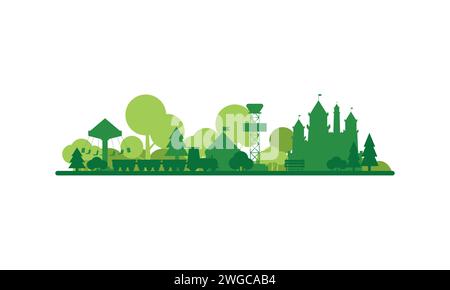 Abstrakte grüne Vergnügungspark Landschaft mit Silhouetten von märchenhaftem Schloss und Kinder Zug Attraktion Vektor Illustration Stock Vektor
