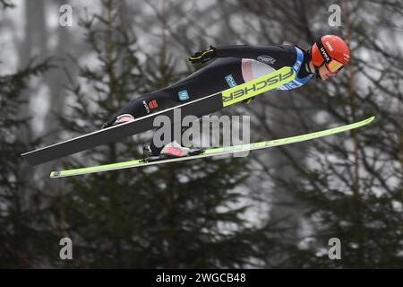 4. Februar 2024, Hessen, Willingen: Skilaufen, Skispringen: Weltmeisterschaft, große Schanze, Frauen. Katharina Schmid aus Deutschland springt. Foto: Swen Pförtner/dpa Stockfoto