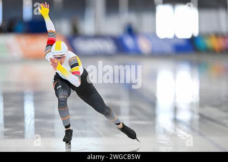 Quebec, Kanada. Februar 2024. QUEBEC (KANADA) – 3. FEBRUAR: Isabelle van Elst (Belgien) trat am 3. Februar 2024 in Quebec (Kanada) in der 500m B Division der Frauen während der ISU Speed Skating World Cup im Centre de Glaces Intact Assurance an. (Foto von David Kirouac/Orange Pictures) Credit: dpa/Alamy Live News Stockfoto