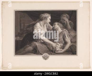 Marcus Antonius stirbt in den Armen von Kleopatra, Johann Georg Wille, nach Pompeo Batoni, 1778 Druckpapier mit dem Tod von Markus Antonius: Er stirbt, nachdem er sich erstochen hat: Kleopatra trauert an seinem Bett. Waffenlager, Heraldik Stockfoto