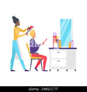 Friseur Friseur hält Schere und Kamm, um Haare für männlichen Kunden in Friseur-Vektor-Illustration zu schneiden Stock Vektor
