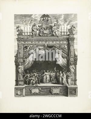 Theater für den glücklichen Eintritt des Kardinal-Infanten Ferdinand von Österreich in Antwerpen, Schelte Adamsz. Bolswert, nach Peter Paul Rubens, Druck 1634 anlässlich der Ankunft des Kardinalinfanten Ferdinand von Österreich, wurden 1634 große Festlichkeiten in Antwerpen organisiert. Auf der Bühne steht der Kardinal Infante rechts mit Minerva und der Personifizierung des Friedens. Hinter ihnen Justitia und Personifizierungen von Handel und Wohlstand. Auf der linken Seite befindet sich eine Gruppe von Schauspielern, die ein Stück zu Ehren Ferdinands aufführen. In der Mitte kirchliche Würdenträger und Bürger. Die Bühne ist reich dekoriert, o Stockfoto