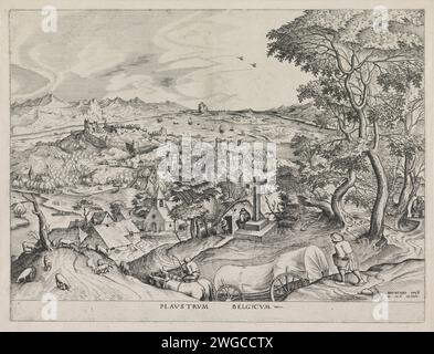 Landschaft mit dem belgischen Auto, Johannes oder Lucas van Doetechum, nach Pieter Bruegel (I), 1553 - 1558 Druck Landschaft mit einem Pferdewagen im Vordergrund. Inmitten der Landschaft ein Denkmal mit einem Kreuz und einer ummauerten Stadt und Segelschiffen auf dem Wasser. Antwerpen Papierätzung / Gravur mit Abdeckwagen, mit Kapuze. Landschaften in der gemäßigten Zone Stockfoto