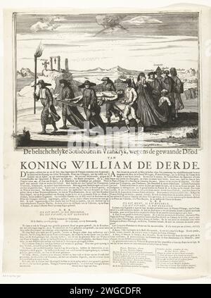 Reproduktion des französischen Cartoons über den angeblichen Tod Wilhelms III., 1690, 1690 gedruckte Reproduktion des französischen Cartoons über den angeblichen Tod Wilhelms III. Während der Schlacht am Boyne am 11. Juli 1690. Trauerprozession, bei der der Leichnam des toten Wilhelm III. Auf einer Bahre getragen wird, zuerst George Savile, erster Marquis von Halifax, mit einer Fackel, gefolgt von den Trägern: Bischof Gilbert Burnet, Charles Talbot, zwölfter Graf von Shrewsbury, Everhard van Weede van Dijkvelt und der Graf von Portland. Hinter dem Baar die Prinzessin von Orange, ein Holländer, ein Engländer, ein Schütze und ein Ire. Bei Th Stockfoto