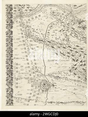 Entspannung von Arras, belagert von den Spaniern (mittlere Reihe, Platte 1), 1654, 1655 Druck Relief der Stadt Arras (Atrecht), belagert von den Spaniern, 23-25. August 1654. Arras wurde von der französischen Armee unter Marschall Turenne der Belagerung durch die Spanier unter Louis de Condé und Archthertog Leopold Willem beraubt. Erstes Blatt in der mittleren Reihe. Teil der Karte der Belagerung mit fliehenden feindlichen Truppen. Teil eines nicht montierten Ganzen, bestehend aus einer Titelseite und einer großen Aufführung auf 15 Platten (die Halbplatte unten rechts fehlt). Frankreich Papierätzung / Gravur, die die Belagerung mit ankurbeln Stockfoto