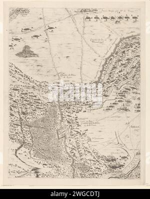 Entspannung von Arras, belagert von den Spaniern (mittlere Reihe, Platte 2), 1654, 1655 Druckausgabe Relief der Stadt Arras (Atrecht), belagert von den Spaniern, 23-25. August 1654. Arras wurde von der französischen Armee unter Marschall Turenne der Belagerung durch die Spanier unter Louis de Condé und Archthertog Leopold Willem beraubt. Zweites Blatt in der mittleren Reihe. Teil der Karte der Belagerung mit fliehenden feindlichen Truppen. Teil eines nicht montierten Ganzen, bestehend aus einer Titelseite und einer großen Aufführung auf 15 Platten (die Halbplatte unten rechts fehlt). Frankreich Papierätzung / Gravur, die die Belagerung mit ankurbeln Stockfoto