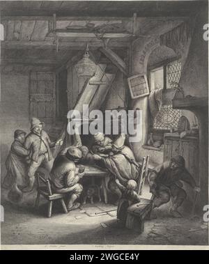 Streitende Bauern um einen Tisch, Jonas Suyderhoef, nach Adriaen van Ostade, ca. 1623 - 1686 Druck in einem Innenhof, zwei Bauern sind dabei, sich gegenseitig mit gezogenen Messern anzugreifen. Der sitzende Bauer auf der rechten Seite wird von dem Mann neben ihm unter Kontrolle gehalten. Der stehende Bauer links wird von einer Frau am Arm erwischt. Im Vordergrund ein Kind und ein alter Mann. Haarlem Papier, das betrunkene Schlägereien graviert (normalerweise kämpfen Bauern in einem gasthaus). gasthof, Kaffeehaus, Gasthaus usw. Stockfoto