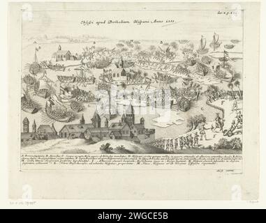 Die Spanier aus der Bommelerwaard, getrieben durch die Pflasteranlage der Deiche, 1585, 1651 – 1699 drucken die Spanier unter dem Grafen von Mansfeld, getrieben durch den Grafen von Hohenlohe, aus der Bommelerwaard getrieben durch die Pflasteranlage der Deiche, 22. Dezember 1585. Die vom Wasser umschlossenen spanischen Soldaten werden schließlich gerettet, diese Episode wird auch als das Wunder von Empel bezeichnet. In der Überschrift de Legenda A-M auf Lateinisch. Wiener Papierätzung / Gravur Battle Bommelerwaard Stockfoto