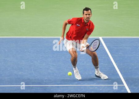 Varazdin, Kroatien. Februar 2024. VARAZDIN, KROATIEN - 4. FEBRUAR: Ivan Dodig aus Kroatien und Mate Pavic aus Kroatien treten am 2. Tag des Qualifikationsspiels des Davis Cup zwischen Kroatien und Belgien in der Arena Varazdin am 4. Februar 2024 in Varazdin, Kroatien, im Doppel gegen Sandre Gille aus Belgien und Joran Vliegen aus Belgien an. Foto: Vjeran Zganec Rogulja/PIXSELL/ABACAPRESS.COM Credit: Abaca Press/Alamy Live News Stockfoto