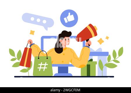 Markenmarketing-Kampagne in sozialen Medien mit Botschaftern, Schönheitspersonen oder Berühmtheiten. Winzige Frau mit Megaphon und Tasche des Geschenkwerbeprodukts von der Computerbildschirm-Cartoon-Vektor-Illustration Stock Vektor
