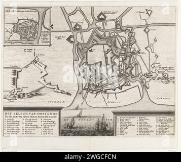 Belagerung von Ostend, 1601-1604, 1700-1749, Belagerung von Ostend. Karte der Verteidigungs- und Angriffslinien rund um die Stadt und in der Umgebung, links das Viertel Spinola, rechts das Viertel Erzherzog Albrecht. Unten zwei Kartuschen mit dem Titel und den Legenden A-R und 1-34. Oben links eine Wette mit einer Stadtkarte von 1641. Nordniederländische Papierätzung Victory, Position war Oostende Stockfoto