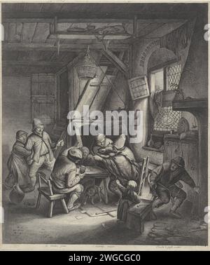 Streitende Bauern um einen Tisch, Jonas Suyderhoef, nachdem Adriaen van Ostade, 1643–1677 in einem Innenhof gedruckt hat, sind zwei Bauern dabei, sich mit gezogenen Messern anzugreifen. Der sitzende Bauer auf der rechten Seite wird von dem Mann neben ihm unter Kontrolle gehalten. Der stehende Bauer links wird von einer Frau am Arm erwischt. Im Vordergrund ein Kind und ein alter Mann. Printmacher: Haarlem Verlag: Amsterdam, der betrunkene Schlägereien (meist Bauern, die in einem gasthaus kämpfen) graviert. gasthof, Kaffeehaus, Gasthaus usw. Stockfoto