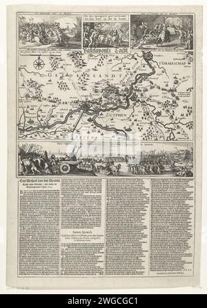 Inval of Hendrik van den Bergh in der Veluwe, 1624, 1624 PrintRAID von Graaf Hendrik van den Bergh in der Veluwe in einem Teil von Gelderland und County Zutphen und der anschließende Flug, 15-23. Februar 1624. Zentral eine Karte der Gegend um Arnheim und Zutphen, über Aufführungen der Invasion und des Rückzugs der spanischen Armee, Mord und Feuer in der Mitte der Spanier. Am Ende von „The Tours of the Batavieren“, die Beschleunigung von Soldaten und Zivilisten, um die Spanier zu verjagen. Unter dem Schild gedruckter Text in 4 Spalten mit einer Beschreibung und einer Beratung. Amsterdam Papier e Stockfoto