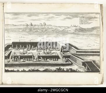 Beschuss einer Stadt mit Mörsern, CA. 1702, 1702 - 1703 Drucke erschießen eine Stadt mit Mörsern während einer Belagerung. Im Vordergrund steht ein Batteriemörtel. Rechts oben: S. 254 und rechts unten: 75. Platte Nr. 11 im Druckwerk, bestehend aus insgesamt 276 nummerierten Schildern bekannter starker Städte und Festungen im Kontext des Spanischen Erbfolgekrieges. Zum größten Teil wurden diese Aufzeichnungen in die anonymen französischen Aufzeichnungen kopiert: In Les Forces de l’Europe und in: Le Theater de la Guerre, Dans Les Pays-Bas, beide ursprünglich von Nicolas de Fer in Paris (1693–1697) in der fra veröffentlicht Stockfoto