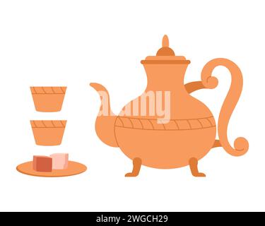 Traditionelle marokkanische Teekanne. Arabischer Wasserkocher mit Nachtisch, arabische Delight Cartoon Vektor Illustration Stock Vektor