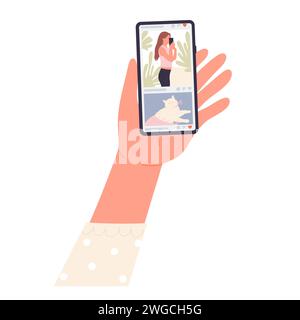 Telefon in Hand mit Social-Media-Feeds. Scrollen in sozialen Medien, wie Reaktion Cartoon Vektor Illustration Stock Vektor