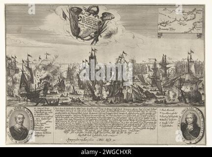 Dreitägige Seeschlacht, 1653, 1653 Drucken dreitägige Seeschlacht um die englische Südküste im ersten englischen Krieg zwischen der Staatseflotte unter Maarten Tromp und der englischen Flotte unter Robert Blake, 28. Februar bis 2. März 1653. Im Zentrum der Seeschlacht, in der Luft eine geflügelte Kartusche mit dem Titel, oben rechts eine Wette mit einer Karte des Kanals. Unten eine Beschreibung der Ereignisse, flankiert von ovalen Porträts von Tromp und Blake. Druckerei: Deutscher Verlag: Augsburger Papierätzschlacht (+ Marinestreitkräfte). Schlacht von Portland Stockfoto