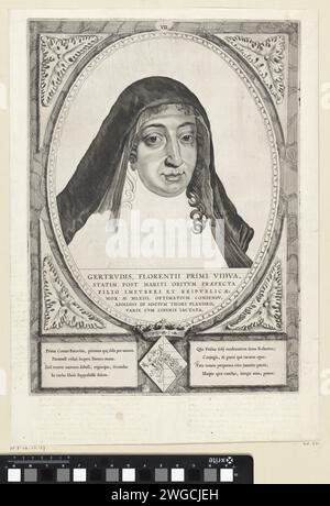 Porträt von Geertruida van Saksen, Cornelis Visscher (II), 1650 gedruckt Geertruida van Saksen, Gräfin von Holland. Sie war Regentin während der Minderheit von Dirk V. der Rahmen war mit dem Wapen van Holland verziert. Haarlem Papierätzung / Gravurschleier Stockfoto