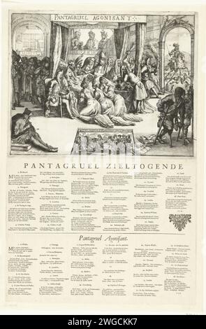 Cartoon über Ludwig XIV. Als er hörte, dass der Tod von Willem III. Falsch ist, 1690, Jan Marlais, nach Guindeau, nach Romeyn de Hooghe, 1690 Print Cartoon über den französischen König Ludwig XIV., der krank wird, als er erfährt, dass die Botschaft über den Tod Wilhelms III. in der Schlacht am Boyne 1690 falsch ist. Das Bett ist umgeben von den drei Oberhoffrauen, dem Teufel, einem Bischof und anderen, links Jacobus II. Mit dem Molenaarskind, im Vordergrund Pater Peters. Direkt durch eine Tür ist König Wilhelm III. Zu Pferd zu sehen. Am unteren Rand des französischen Druckes, in dem die Nachricht vom Tod Willias steht Stockfoto