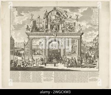 Erpoort am Grab der Actionisten, 1720, 1720 Druck Stadsplein mit einem großen Ehrentor, das beim Tod und der Beerdigung der actionisten gegründet wurde. In der Mitte ist ein Grab mit den wertlosen Scharen gefüllt, von links kommt ein Trauerzug. In den Kursen auf den Ehrenbögen sind Aufführungen der Actionist's Sickbed, John Law, der Utrecht Channel usw. zu sehen Links vorne ein Mann mit einem Schaukasten mit dem Mississippi und dem Süden. Mit Unterschrift in 8 Spalten auf Niederländisch und Französisch, die mit dem Begräbnis von Menheer de Bubbelaar enden. Drucken Sie 33 in der Serie The Great Scene of Dummheit Wit Stockfoto